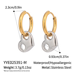 Настоящее золото 18K Двухцветные серьги-кольца в форме сердца из нержавеющей стали, реальный 18 k позолоченный, 23x9.3 мм