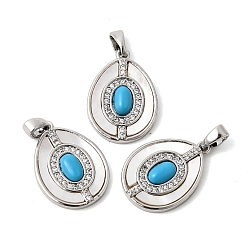 Синтетическая Бирюза Подвески из искусственной бирюзы с ракушками, Подвески в форме капли с латунными микропаве из прозрачных кубических цирконий., платина, 19~19.5x13.5~14x4.5~5 мм, отверстие : 2.5x4.8 мм