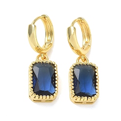 Marine Blue Brass Glass Dangle Hoop Earrings for Women, Rectangle, Long-Lasting Plated, Rack Plating, Lead Free & Cadmium Free, Golden, Marine Blue, 32x10mm