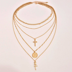 golden Fashionable Cross Rose Multi-layer Necklace Set - European and American Jewelry