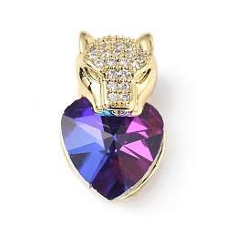 Magenta Real 18K Gold Plated Rack Plating Brass Micro Pave Clear Cubic Zirconia Pendants, with Glass, Long-Lasting Plated, Cadmium Free & Lead Free, Leopard with Heart Charm, Magenta, 20x12x10.5mm, Hole: 5x4mm