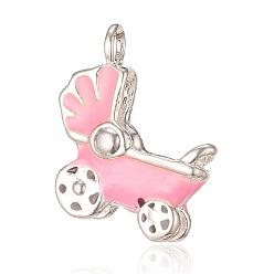 Pink Baby Carriage Alloy Enamel Pendants, with Rhinestone, Silver Color Plated, Pink, 22x19x6mm, Hole: 2mm