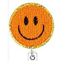 Dark Orange Smiling Face Wool Chenille Clip-On Retractable Badge Holders, Badge Reels, Alloy Alligator Clip Tag Card Holders, Dark Orange, 50mm