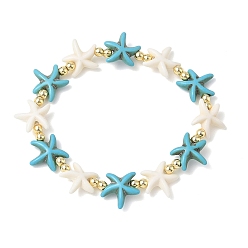 Золотой Браслеты из синтетической бирюзы и немагнитных гематитовых бусин, эластичные, для женщин и мужчин., морская звезда, разноцветные, золотые, внутренний диаметр: 2.01 дюйм (5.1 см)