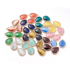 Mixed Color Faceted Cat Eye Pendants, with Brass Open Back Settings and Micro Pave Clear Cubic Zirconia, Teardrop, Golden, Mixed Color, 30x21x6mm, Hole: 1.2mm