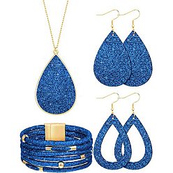 Blue Textured Imitation Leather Teardrop Pendant Necklace & Dangle Earrings & Multi-Strand Bracelet, Golden Alloy Jewelry Set for Women, Blue, 850mm, 78x37mm, 80x39mm, 192mm In Diameter