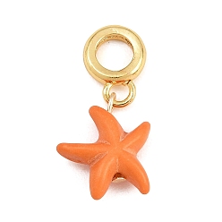 Naranja Oscura Dijes colgantes europeos de resina de latón, colgantes con agujeros grandes en forma de estrella de mar, chapado en rack, larga duración plateado, sin plomo y el cadmio, real 18 k chapado en oro, naranja oscuro, 27 mm, agujero: 6 mm