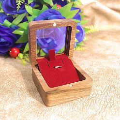 Dark Red Wood Visible Window Pendant Storage Box, Pendant Magnetic Gift Case with Velvet Inside, Square, Dark Red, 6.8x6.8x3.6cm