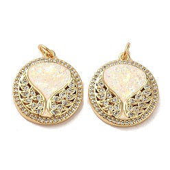 Real 18K Gold Plated Brass Micro Pave Cubic Zirconia with Synthetic Opal Pendants, with Jump Ring, Flat Round with Wing, Real 18K Gold Plated, 22x19.5x2.5mm