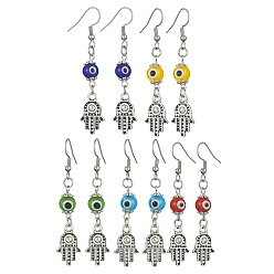 Mixed Color Evil Eye Lampwork Long Dangle Earrings, Antique Silver Alloy Hamsa Hand Earrings with 304 Stainless Steel Pins, Mixed Color, 60x12mm