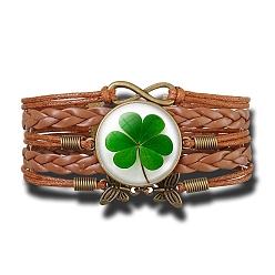 Vert Bracelet à maillons trèfle de verre, Bracelet large en cuir PU tressé pour femme, verte, 6-3/4 pouce (17 cm)