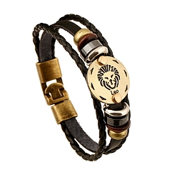 Leo Braided Cowhide Cord Multi-Strand Bracelets, Constellation Bracelet for Men, with Wood Bead & Alloy Clasp, Leo, 7-7/8~8-1/2 inch(20~21.5cm) 