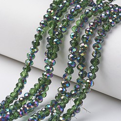 Olive Drab Electroplate Transparent Glass Beads Strands, Half Multi-color Plated, Faceted, Rondelle, Olive Drab, 4x3mm, Hole: 0.4mm, about 130pcs/strand, 16.54 inch(42cm)