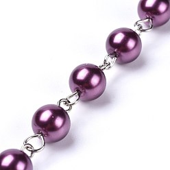 Purple Handmade Dyed Glass Pearl Beaded Chains, Unwelded, with Iron Eye Pin, Platinum, Purple, 39.37 inch, 1m/strand