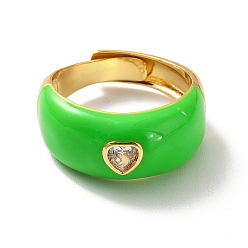 Зеленый газон Регулируемое кольцо в форме сердца из прозрачного кубического циркония, кольцо-солитер с эмалью, массивное женское кольцо из латуни с покрытием из настоящего золота 18k, без кадмия и без свинца, зеленый газон, размер США 7 3/4 (17.9 мм)