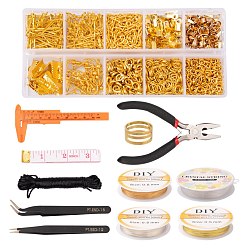 Golden Jewelry Making Tool Sets, Including Carbon Steel Pliers, PU Iron Soft Tape Measure, Brass Rings, Vernier Caliper, Stainless Steel Tweezers, Copper Wire, Elastic Crystal Thread, Nylon Cord, Golden, 12cm
