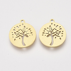 Golden 201 Stainless Steel Pendants, Laser Cut Pendants, Flat Round with Tree, Golden, 17x15x1mm, Hole: 1.4mm
