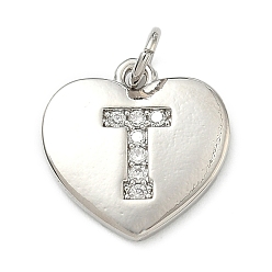 Letter T Латунные микропаве прозрачные подвески с фианитом, сердце прелести, без кадмия и без свинца, стойки покрытие, долговечный, платина, Письмо T, 15x15x2 мм, отверстие : 3 мм