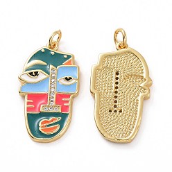 Teal Brass Micro Pave Clear Cubic Zirconia Pendants, Real 18K Gold Plated, with Enamel and Jump Ring, Abstract Face Charms, Teal, 26x15x2mm, Jump Ring: 5x0.8mm, Inner Diameter: 3.2mm