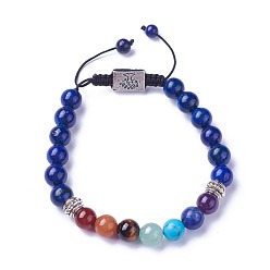 Lapis Lazuli Chakra Jewelry, Natural & Synthetic Mixed Stone Braided Bead Bracelets, with Natural Lapis Lazuli, Alloy Findings and Nylon Cord, Rectangle with Tree, 52~76mm