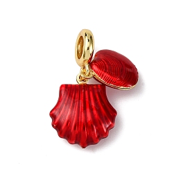 Красный Латунные эмалированные европейские подвески с подвесками, подвески с большими отверстиями в форме двойной ракушки, долговечный, стойки покрытие, без кадмия и без свинца, реальный 18 k позолоченный, красные, 30 мм, отверстие : 5.5 мм