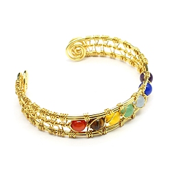 Golden Natural Mixed Gemstone Beaded Cuff Bangle, Wire Wrapped Bangles, Golden, 2-3/8 inch(6cm)