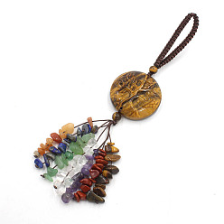 Tiger Eye Natural Tiger Eye Carved Flat Round with Tree of Life Pendant Decoratons, Braided Thread and Chakra Gemstone Chip Tassel for Bag Key Chain Hanging Ornaments, 140mm