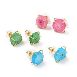 Mixed Color Natural Agate Irregular Druzy Stud Earrings, Golden Plated Brass Jewelry for Women, Cadmium Free & Lead Free, Mixed Color, 13.5x12mm, Pin: 0.7mm