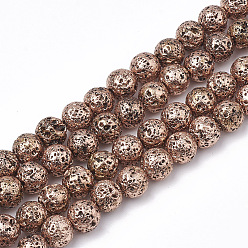 Sienna Electroplated Natural Lava Rock Beads Strands, Round, Bumpy, Sienna, 6~6.5mm, Hole: 1mm, about 63pcs/strand, 15.5 inch