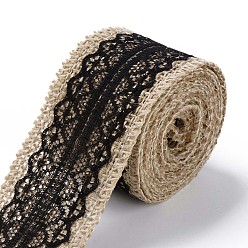 Black Burlap Ribbon, Hessian Ribbon, Jute Ribbon, with Lace, for Jewelry Making, Black, 1-1/2 inch(38mm), about 2m/roll, 24rolls/bag