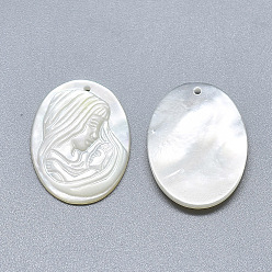 Seashell Color Natural White Shell Mother of Pearl Shell Pendants, Oval with Carved Virgin and Child, Seashell Color, 20x15x2.5mm, Hole: 0.6mm