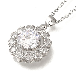 Прозрачный 304 из нержавеющей стали кабель цепи ожерелья, латунные прозрачные кубические циркониевые ожерелья с подвесками в виде цветка, платины и нержавеющая сталь цвет, прозрачные, 17.91 дюйм (45.5 см)