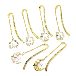 Mixed Color Chinese Style Rabbit & Cat & Moon Alloy Enamel Pendant Bookmarks, Hook Bookmark with Long Chain, Mixed Color, 83.5~96.5mm, 6 styles, 1pc/style, 6pcs/set