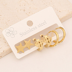 Golden 3 Pairs 3 Style 304 Stainless Steel Hoop Earrings, Stud Earrings, Ring & Diamonds & Star, Golden, 60x40mm, 1 Pair/style