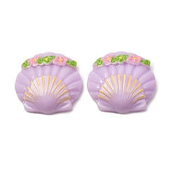 Lilac Opaque Resin Cabochons, Shell Shape with Flower, Lilac, 21x22x7mm