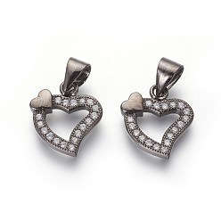 Черный Цвет Металла Брелки из экологически чистой латуни с микропаве и кубическим цирконием, без свинца и без кадмия, прозрачные, сердце, металлический черный , 13x12x2 мм, отверстие : 3.5x5 мм