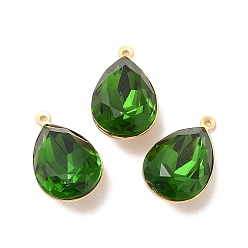Dark Green Real 18K Gold Plated Brass with Glass Pendants, Faceted Teardrop Charms, Lead Free & Cadmium Free, Dark Green, 22x13x9mm, Hole: 1mm