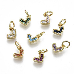 Mixed Color Brass Micro Pave Cubic Zirconia Charms, with Jump Ring, Heart, Real 16K Gold Plated, Nickel Free, Mixed Color, 8x8x2mm, Jump Ring: 5x1mm, 3mm inner diameter