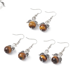 Tiger Eye Natural Tiger Eye Round Beaded Fairy Dangle Earrings, Platinum Brass Jewelry for Women, Cadmium Free & Lead Free, 45mm, Pin: 0.7mm