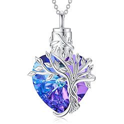 Royal Blue Heart with Tree of Life Glass Urn Pendant Necklaces, Stainless Steel Chain Necklaces, Royal Blue, 21.65 inch(55cm)