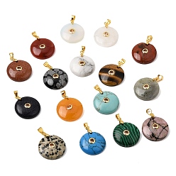 Mixed Stone Natural & Synthetic Mixed Gemstone Pendants, Coin Charms with Brass Pave Cubic Zirconia Findings, Golden, Mixed Dyed and Undyed, 27x21x5mm, Hole: 4x3.5mm