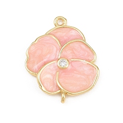 Pink Подвески из латунной эмали, Цветочные звенья с прозрачными кубическими циркониями, долговечный, стойки покрытие, без свинца и без кадмия, реальный 18 k позолоченный, розовые, 20x27x3 мм, отверстие : 1.7 мм