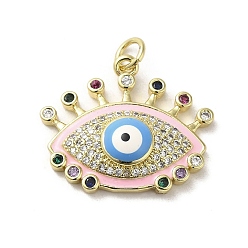 Pink Brass Micro Pave Cubic Zirconia Pendants, with Enamel, with Jump Ring, Real 18K Gold Plated, Evil Eye, Pink, 20x23x5.3mm, Hole: 3.5mm