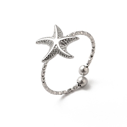 Stainless Steel Color 304 Stainless Steel Starfish Open Cuff Rings for Women, Stainless Steel Color, US Size 7 3/4(17.9mm)