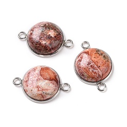 Leopard Skin Jasper Natural Leopard Skin Jasper Connector Charms, Half Round Links, with Stainless Steel Color Tone 304 Stainless Steel Findings, 18x25.5x7mm, Hole: 2mm