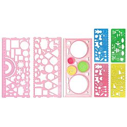 Pink Multifunctional Plastic Geometric Drawing Ruler Set, Draft Template, for Architecture, Office, Studying, Designing, Painting Supplies, Pink, 7pcs/set