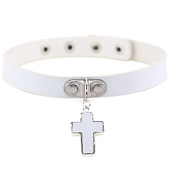 White PU Leather Adjustable Choker Necklace, Alloy Cross Pendant Necklace with Stainless Steel Snap Buttons for Women, White, 15.75 inch(40cm)