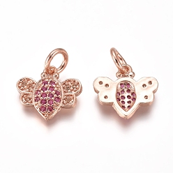 Розовое Золото Латунные микро проложить кубического циркония прелести, с прыжковых колец, Пчелы, пурпурный и персиковый, розовое золото , 10x11x2 мм, отверстие : 3 мм