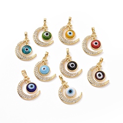 Mixed Color Brass Micro Pave Cubic Zirconia Pendants, with Handmade Evil Eye Lampwork, Crescent Moon Charm, Real 18K Gold Plated, Mixed Color, 23x16x4mm, Hole: 4x6mm