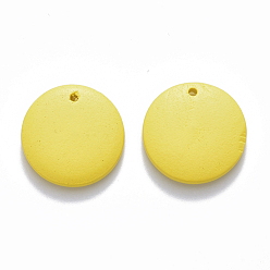 Yellow Painted Wood Pendants, Flat Round, Yellow, 15x4mm, Hole: 1.5mm
